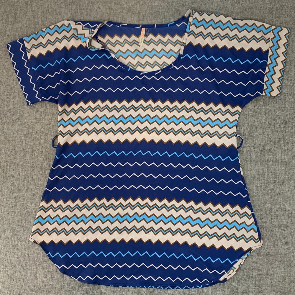 Poema Lightweight Blue Blouse‎ Cap Sleeve Round Neck Large Polyester Belt Loops
